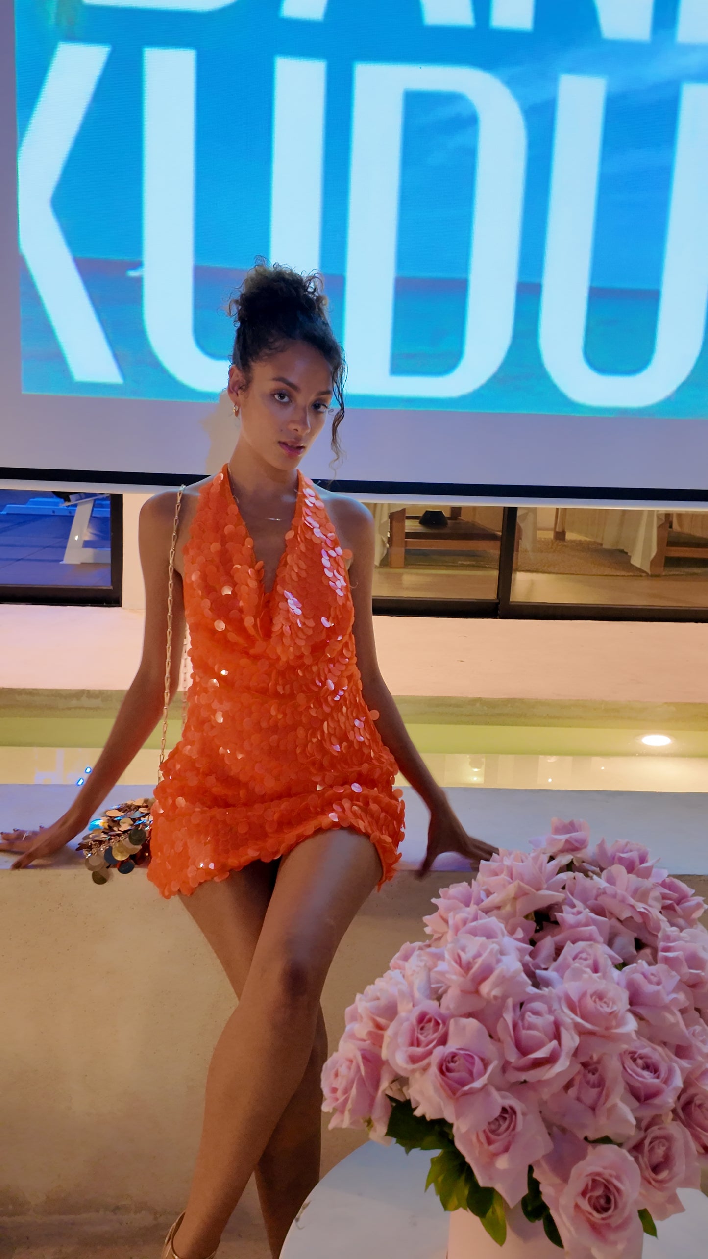 Tangerine Crush Sequin Halter Mini Dress