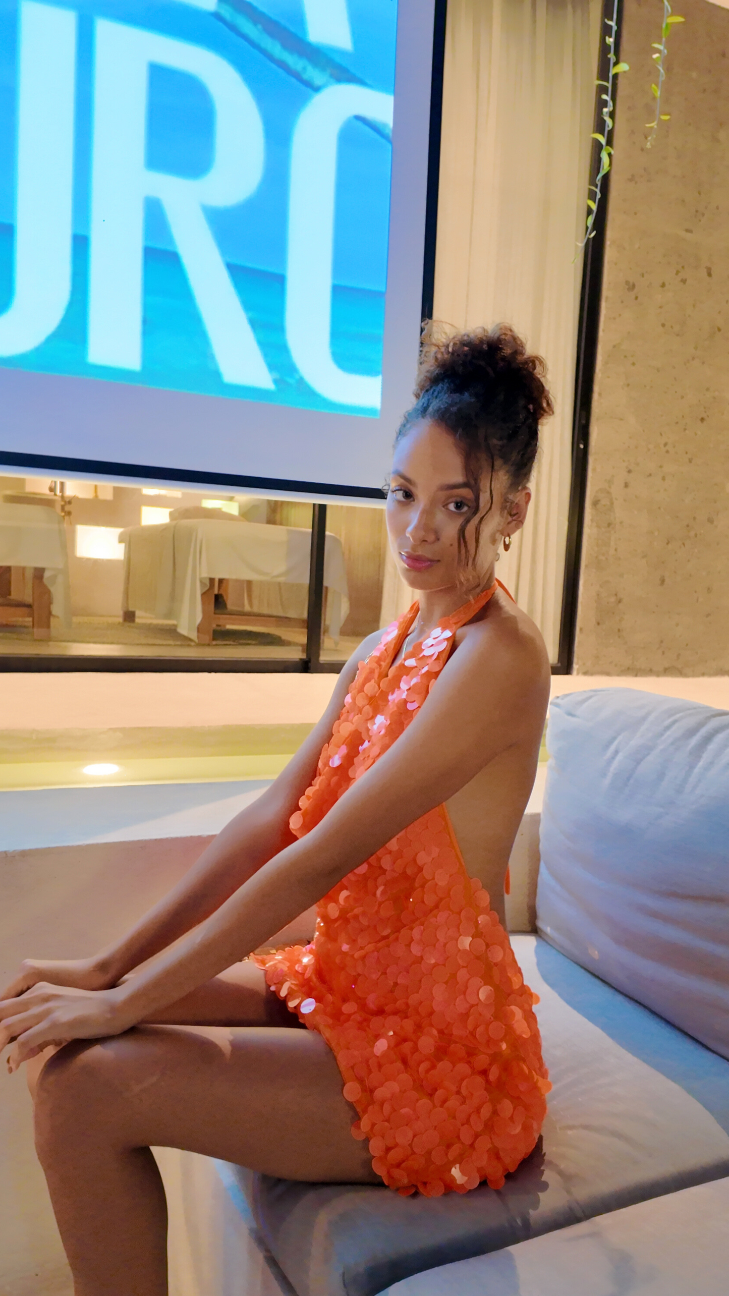 Tangerine Crush Sequin Halter Mini Dress